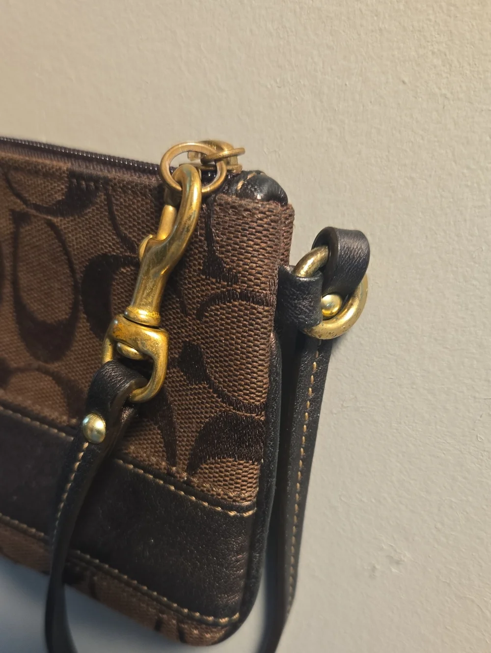 Coach Legacy Brown Signature Canvas Wristlet with Leather Trim